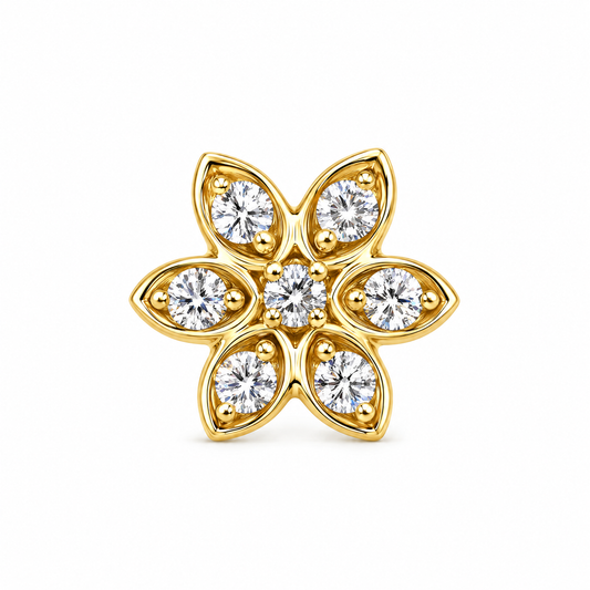 Floral Nosepin in yellow gold, front view, six diamond-set petals around a central diamond