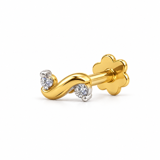 Swel Nosepin in yellow gold, side angle showing floral backplate