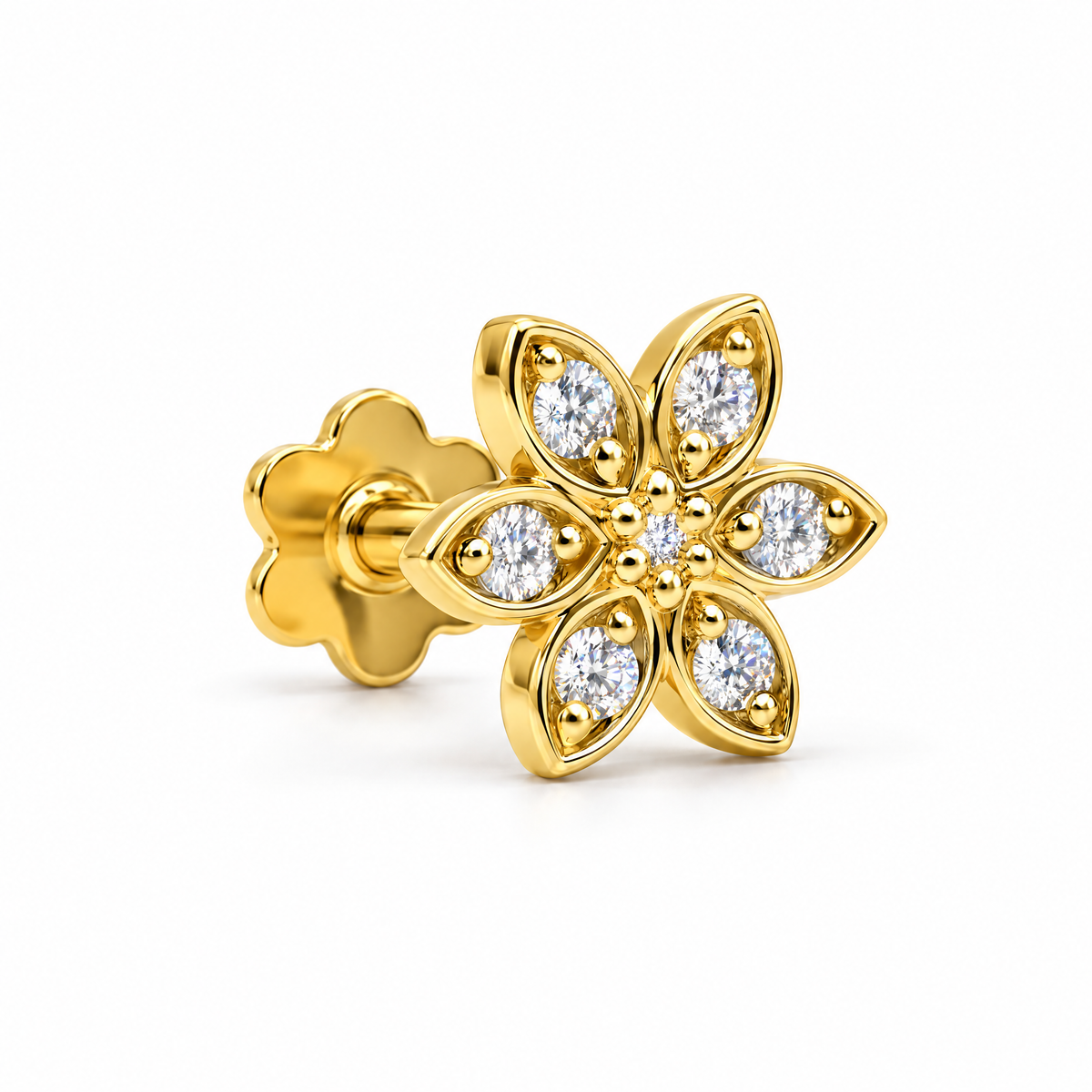 Floral Nosepin in yellow gold, angled view showing the floral screw back