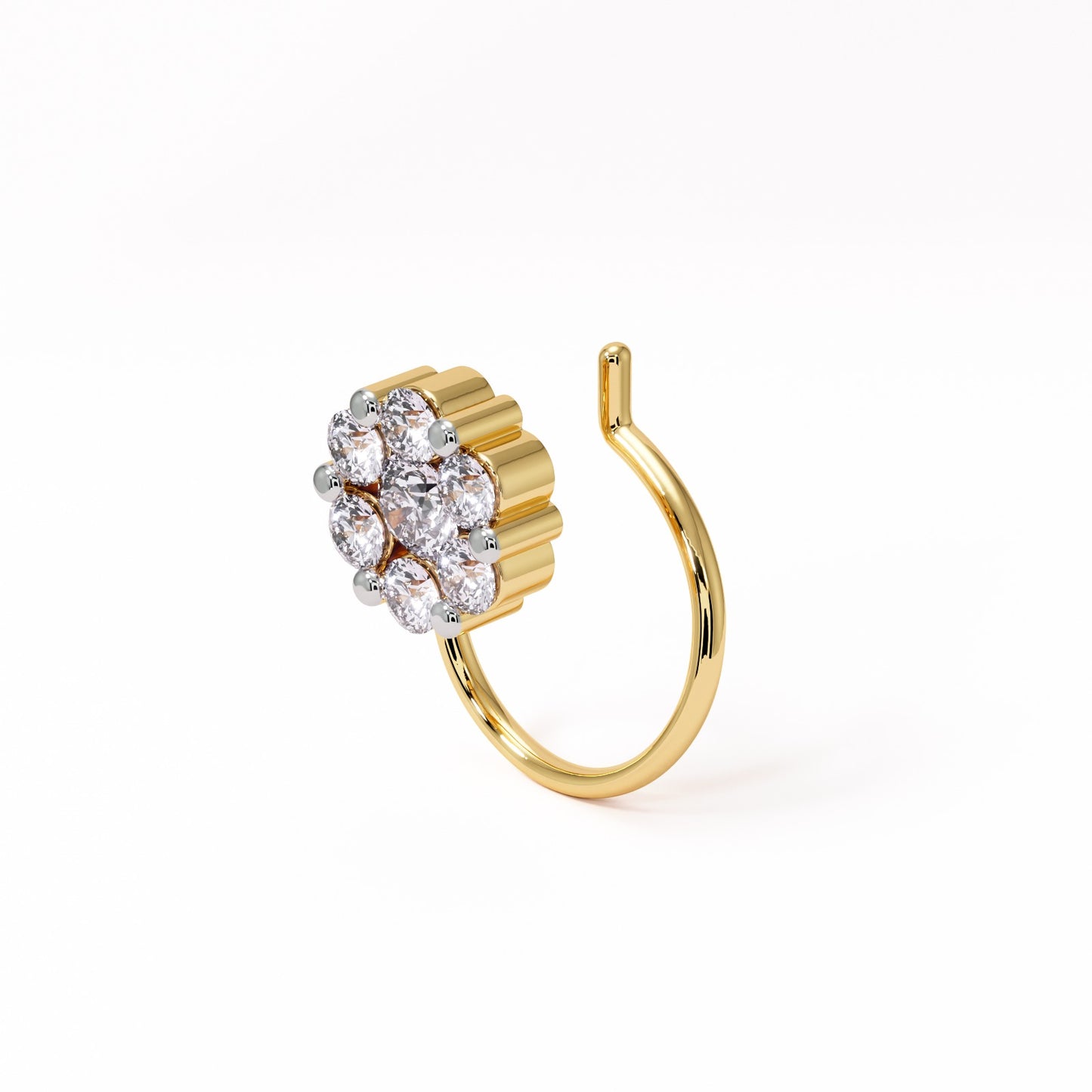Lunar Blossom Diamond Nose Pin – 7-Stone Floral Cluster | 18K Gold Spiral Back | IGI Certified VVS EF Natural Diamonds