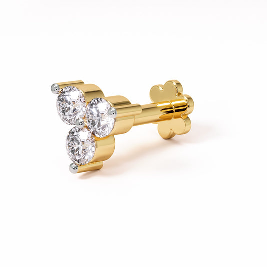 Celestial Trinity | 18K Gold Three-Stone Diamond Flatback Nose Pin | VVS EF Natural Diamonds