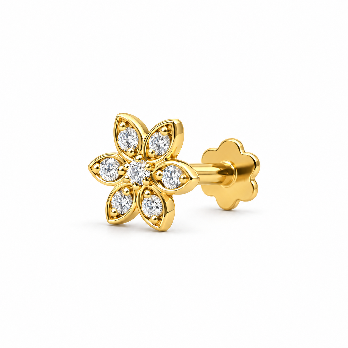 Floral Nosepin in yellow gold, three-quarter view with natural diamonds
