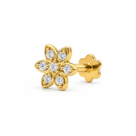 Floral Nosepin in yellow gold, three-quarter view with natural diamonds